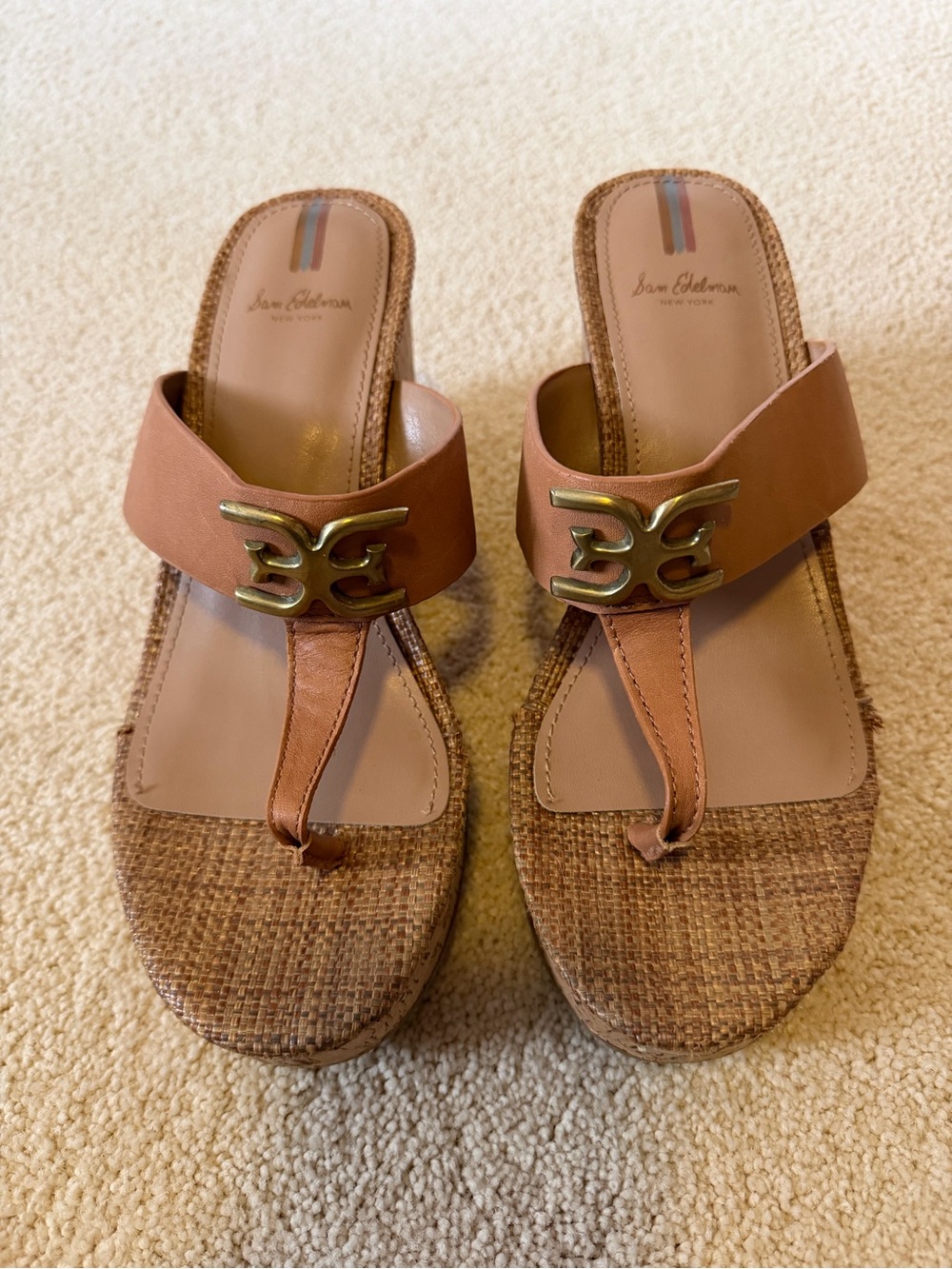 Sam Edelman Brown Leather Wedge Thong Sandals with Gold Hardware